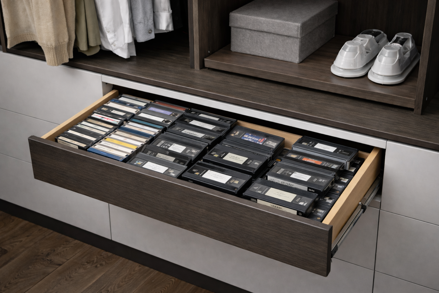 Cajón de madera con cintas VHS